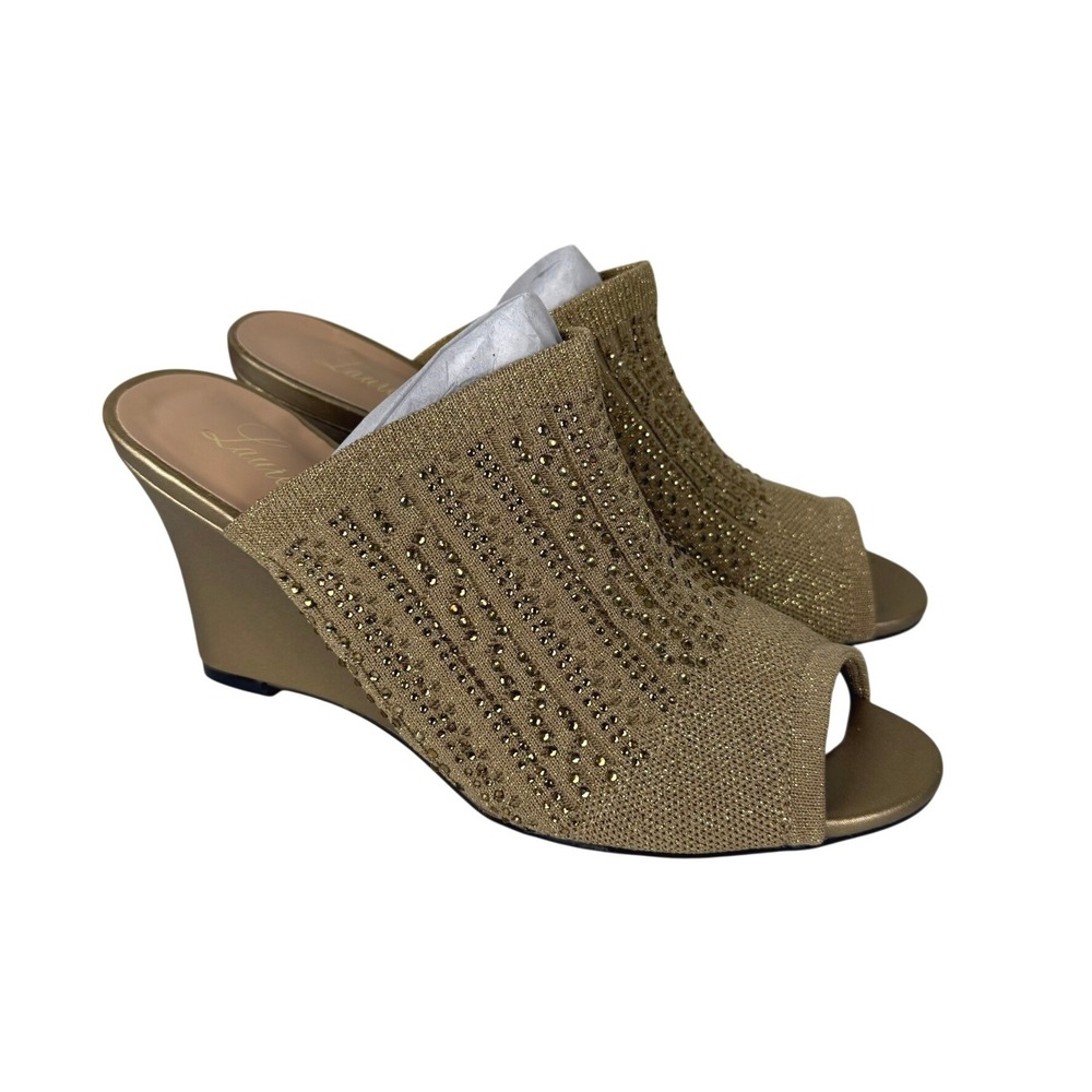 Lauren Lorraine Womens 8.5 Martha Wedge Sandal Gold Rhinestone Glam Evening NEW